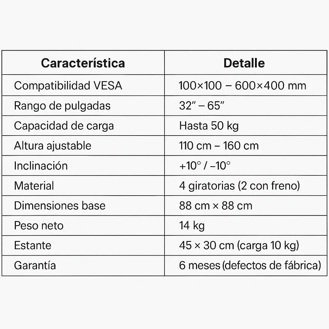 Soporte Móvil de Piso para TV 32’’– 65’’ con Ruedas y Estante📺