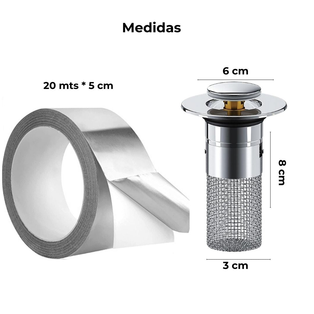 Combo tapón desagüe universal + cinta adhesiva de papel aluminio