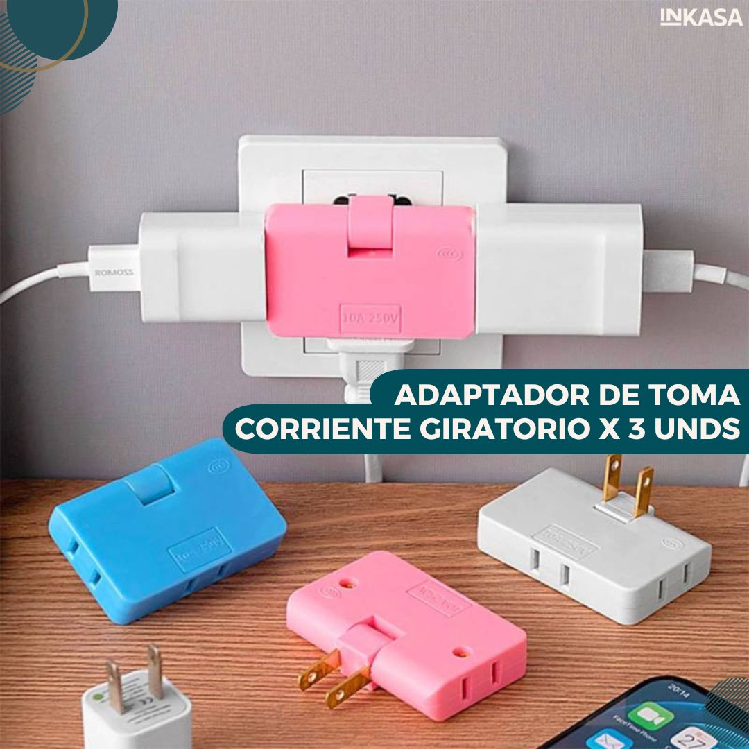 Adaptador de toma corriente giratorio x 3 unds