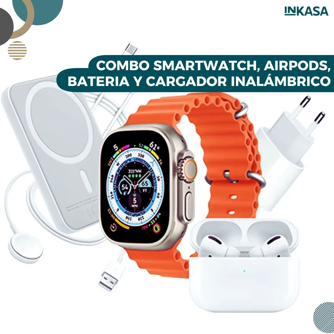 Combo smartwatch, airpods, batería y cargador inalámbrico