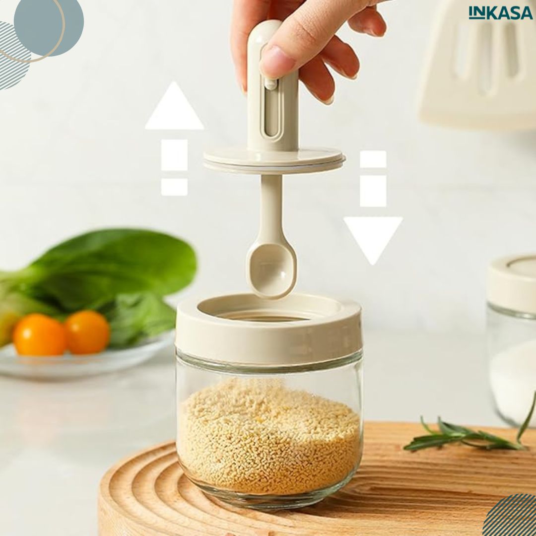 Tarro para condimentos con cuchara retráctil