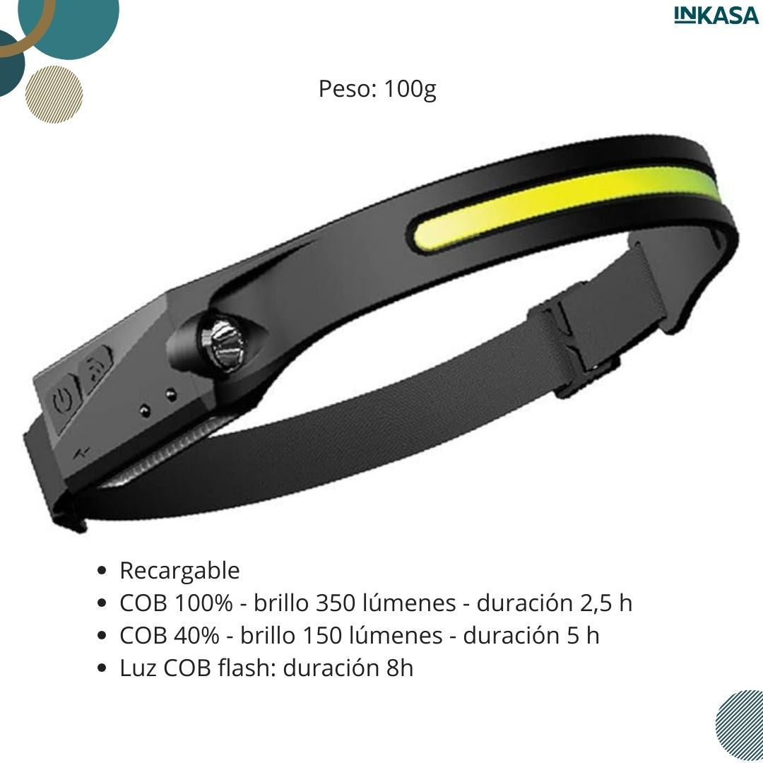 Linterna frontal con sensor de movimiento recargable