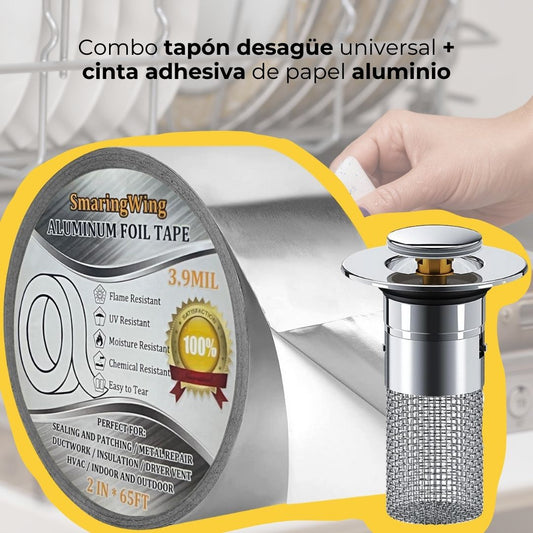 Combo tapón desagüe universal + cinta adhesiva de papel aluminio