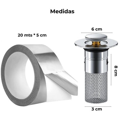 Combo tapón desagüe universal + cinta adhesiva de papel aluminio
