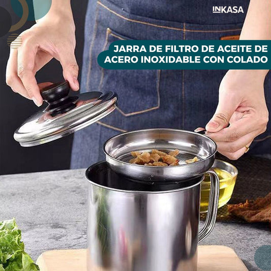 Jarra de filtro de aceite de acero inoxidable con colador