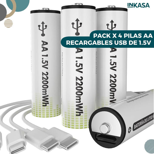 Pack x 4 pilas AA recargables USB de 1.5v