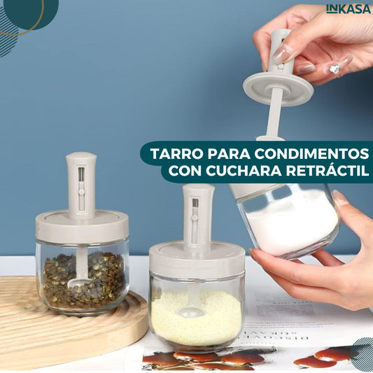 Tarro para condimentos con cuchara retráctil